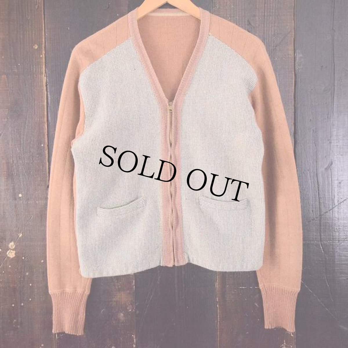 画像2: 〜40's チェック切り替え 針抜きウールニットジップアップカーディガン (2)