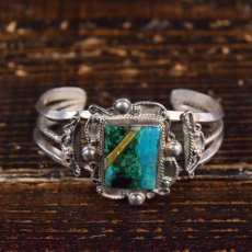 画像1: VINTAGE Turquoise Inlay Silver Cuff Bracelet (1)