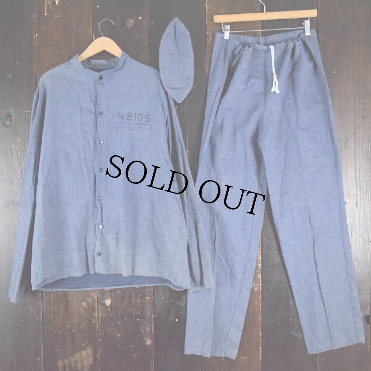 画像2: VINTAGE ステンシル入り囚人コスチュームシャンブレーシャツ&パンツ&ハット 3ピース セットアップ (2)