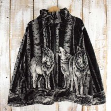 画像1: BLACK MOUNTAIN USA製 オオカミ柄 フリースジャケット L (1)