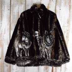 画像1: BLACK MOUNTAIN USA製 オオカミ柄 フリースジャケット 2X (1)