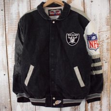 画像2: 90's JEFF HAMILTON "RAIDERS" USA製 コットン×レザージャケット L (2)