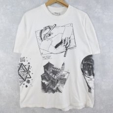 画像1: 80's M.C.Escher USA製 騙し絵アート マルチプリントTシャツ XL (1)