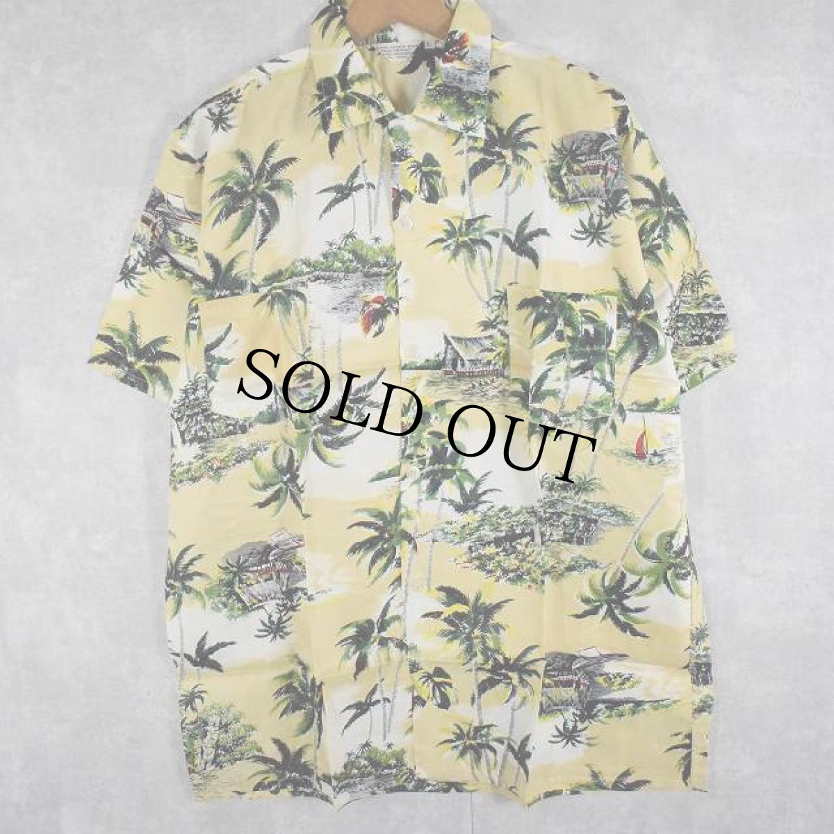 画像2: 60's Japan製 ALOHA SPORTS WEAR ヤシの木 オールオーバーパターン レーヨンアロハシャツ DEADSTOCK L (2)