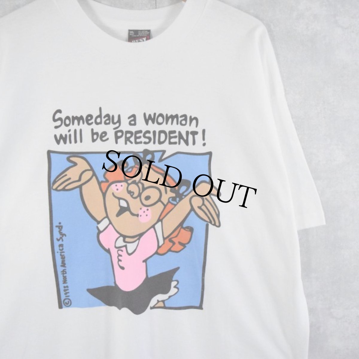 画像1: 90's USA製 "Someday a woman will be PRESIDENT" イラストプリントTシャツ XL (1)