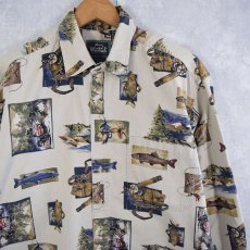 画像1: 〜90's Woolrich フィッシングイラスト柄 コットンシャツ M  (1)