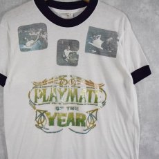 画像1: 70's "PLAYMATE OF THE YEAR" フォト×ラメプリントリンガーTシャツ L (1)