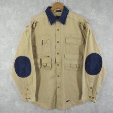 画像1: フィッシングデザイン エルボーパッチ付き 襟切り替えコットンシャツ L (1)