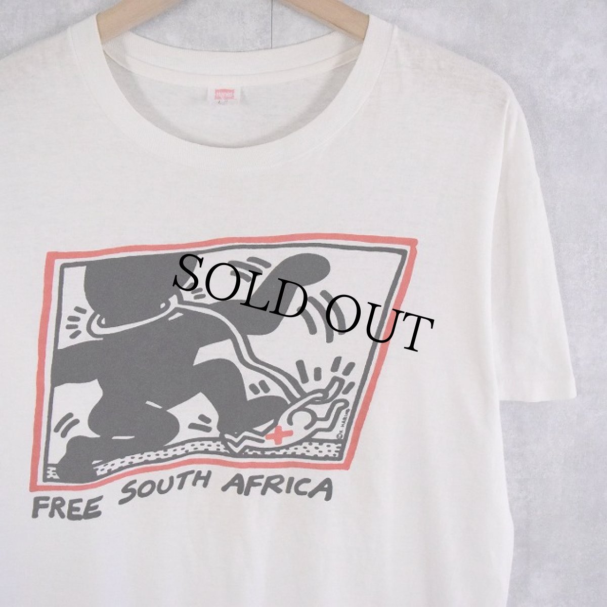 画像1: 80's Keith Haring USA製 "FREE SOUTH AFRICA" アートプリントTシャツ L (1)