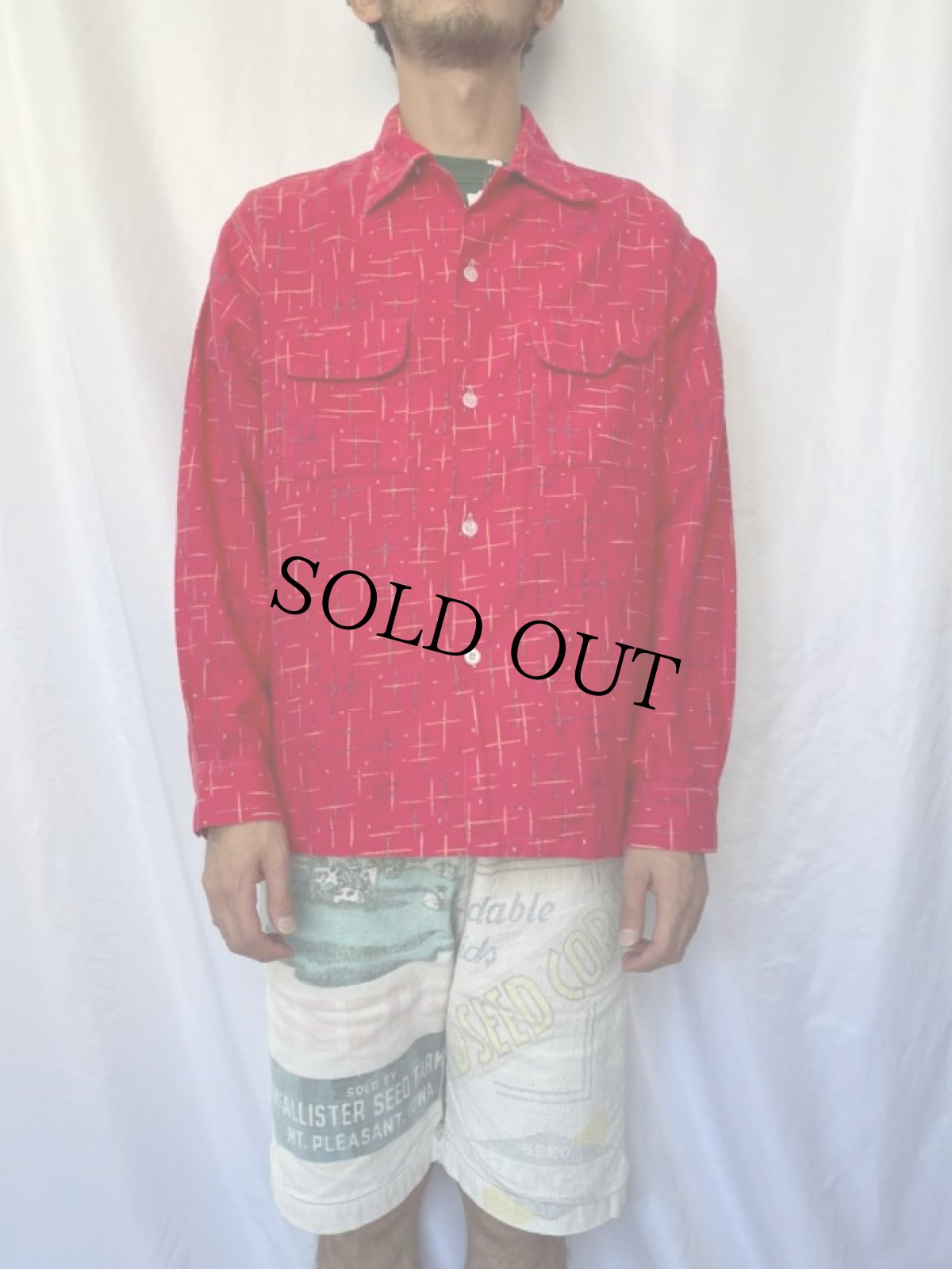 画像2: 50's BLOCKS SOUTHLAND カスリ柄 オープンカラープリントネルシャツ L (2)