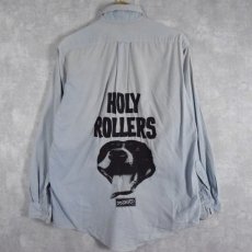 画像1: 90's USA製 DISCHORD RECORDS "HOLLY ROLLERS" インディーレコードレーベル プリントシャンブレーシャツ 16-34 (1)