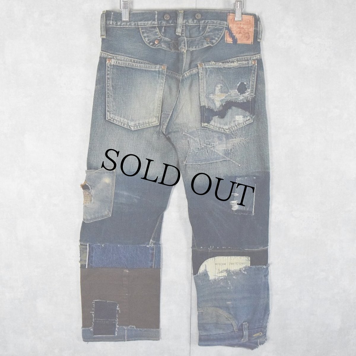 画像2: KAPITAL パッチワーク バックルバック ボロ加工デニムパンツ W30 (2)