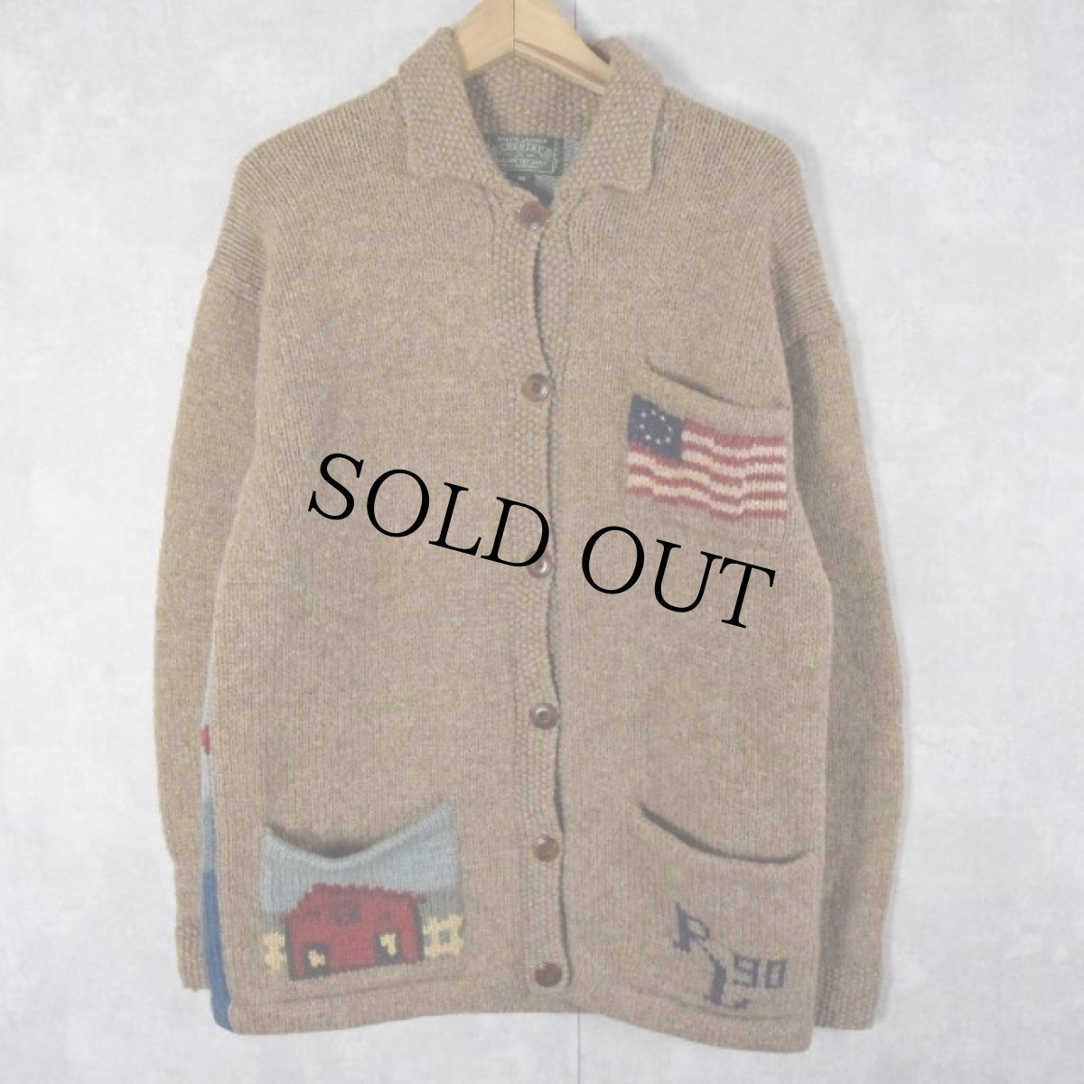 画像2: 90's RALPH LAUREN POLO COUNTRY "RL90×星条旗×馬" 襟付き ウールニットカーディガン M (2)