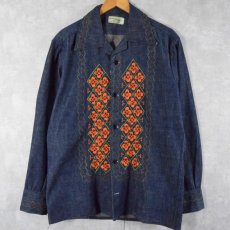 画像1: 70's 花柄刺繍 デニムオープンカラーシャツ SIZE42 (1)