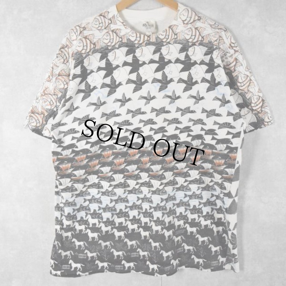 画像2: 90's M.C.Escher USA製 騙し絵アート 総柄プリントTシャツ L (2)