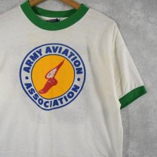 画像1: 70's USA製 "ARMY AVIATION ASSOCIATION" ウイングフット プリントリンガーTシャツ XL (1)