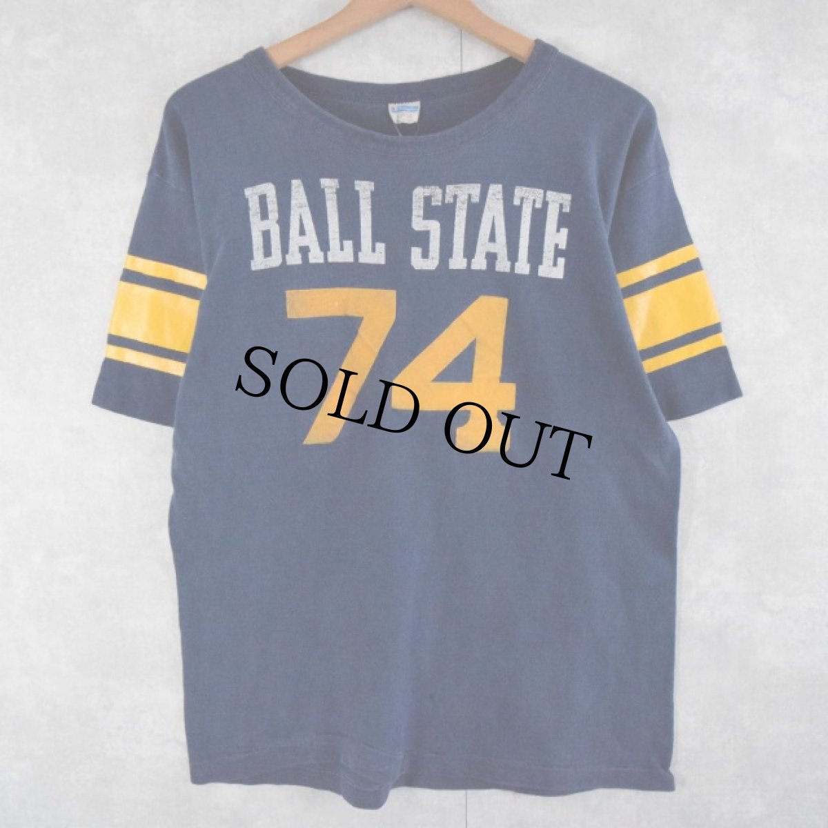 画像1: 70's Champion USA製 バータグ "BALL STATE74" フロッキープリントTシャツ LARGE (1)