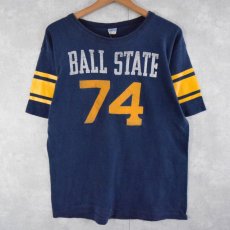 画像1: 70's Champion USA製 バータグ "BALL STATE74" フロッキープリントTシャツ LARGE (1)