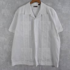 画像1: ポリ×コットン 刺繍キューバシャツ XL (1)