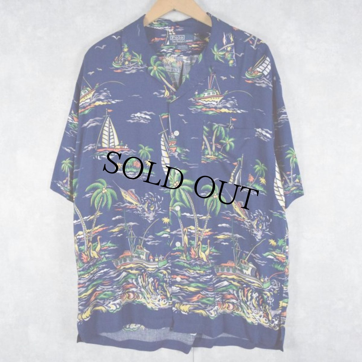 画像1: POLO Ralph Lauren "CALDWELL" ヤシの木柄 ホリゾンタパターン レーヨンアロハシャツ L (1)