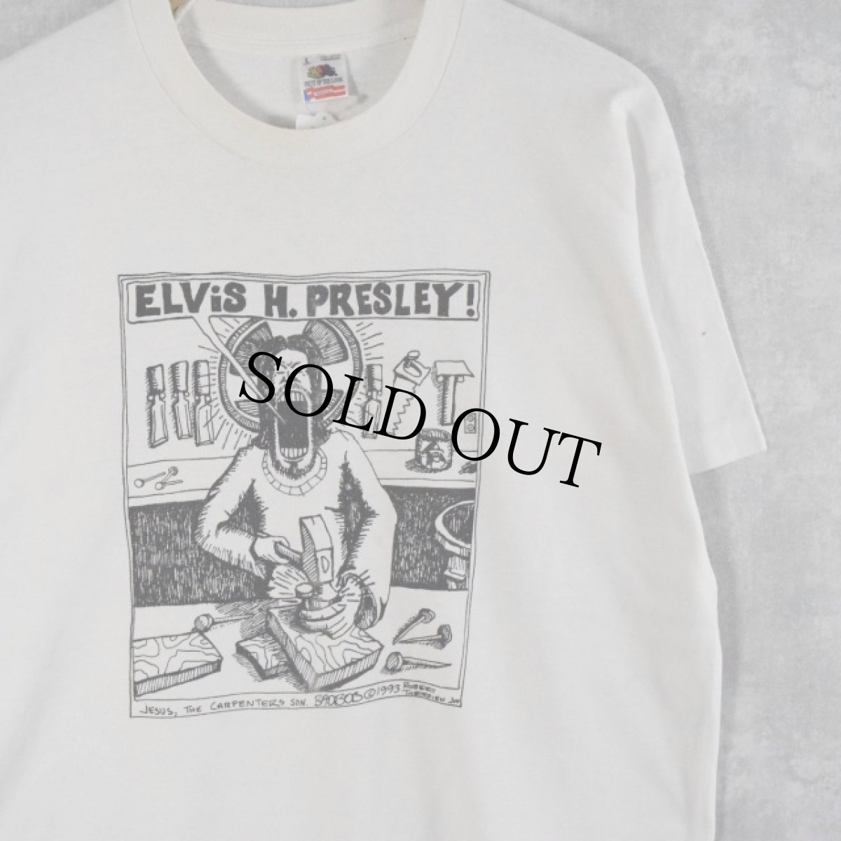 画像1: 90's BADBOB USA製 "ELVIS H. PRESLEY!" イラストプリントTシャツ L (1)