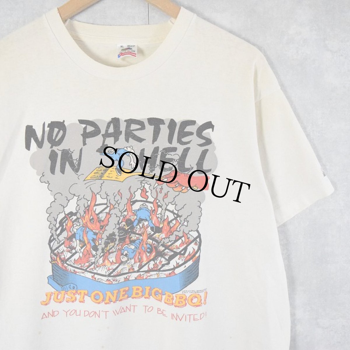 画像1: 90's USA製 "NO PARTIES IN HELL" イラストプリントTシャツ XL (1)