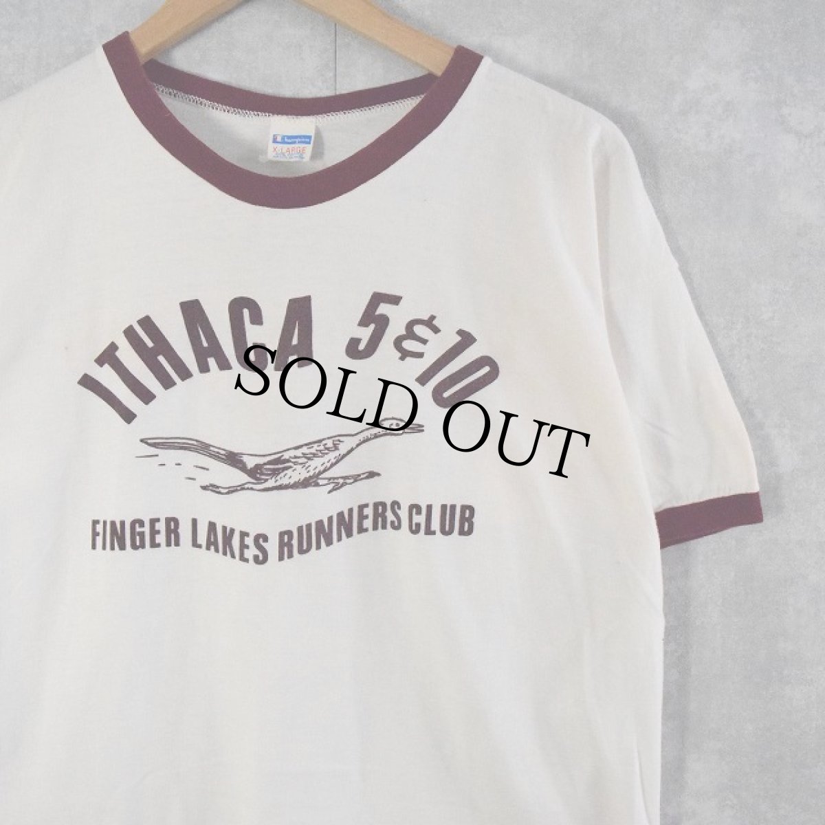 画像1: 70〜80's Champion USA製 バータグ "ITHACA" プリントリンガーTシャツ XL (1)