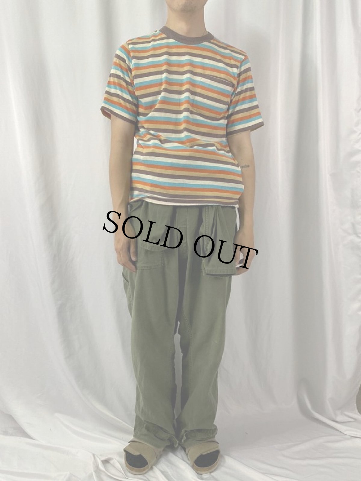 画像2: 70's K mart マルチボーダー柄 ポケットTシャツ (2)