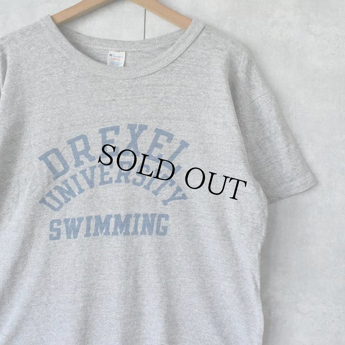 画像1: 80's Champion USA製 トリコタグ "DREXEL UNIVERSITY SWIMMING" 染み込みプリントTシャツ L (1)