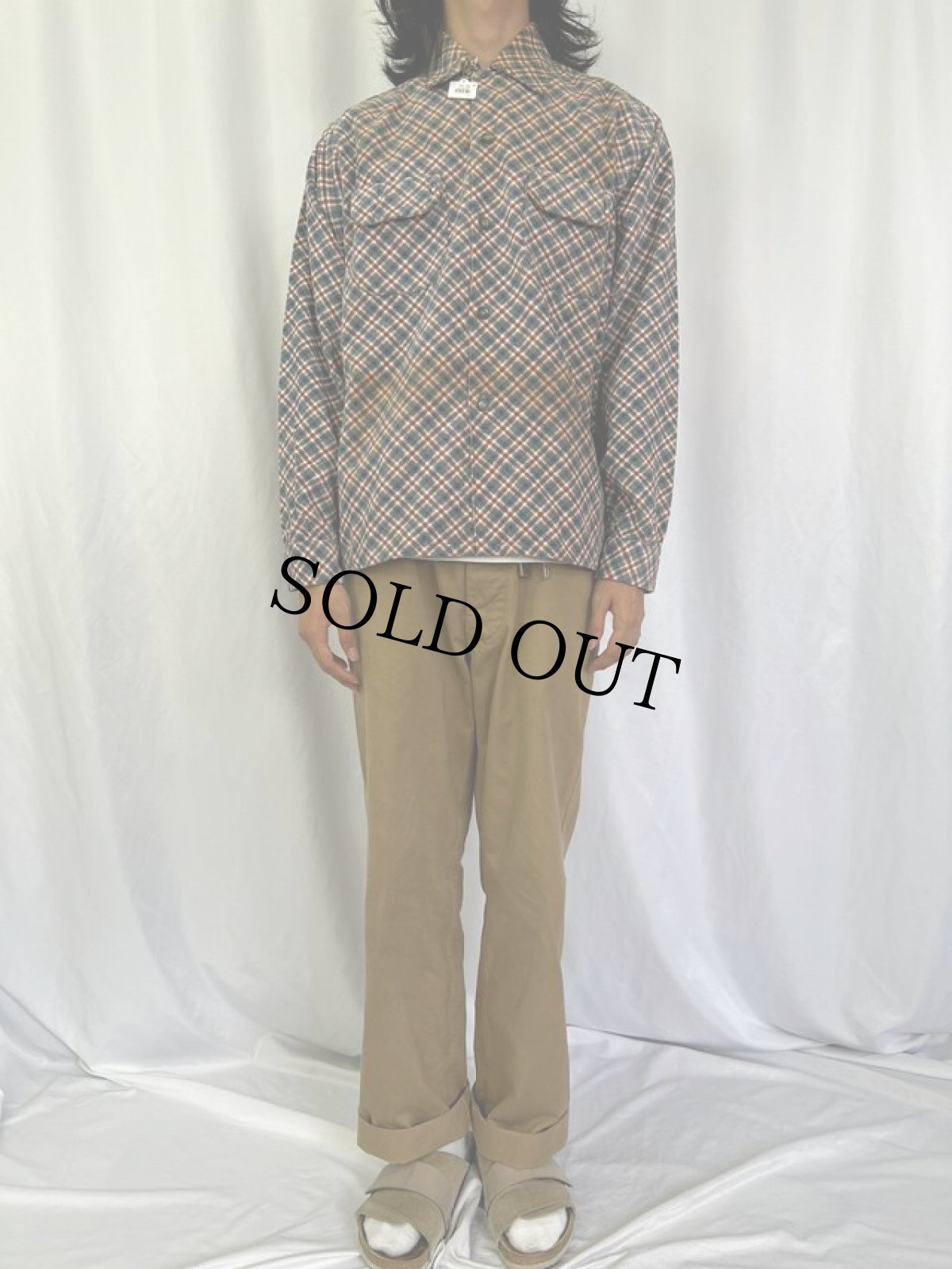 画像2: 50's PENNY'S TOWNCRAFT チェック柄 プリントコーデュロイオープンカラーシャツ L (2)