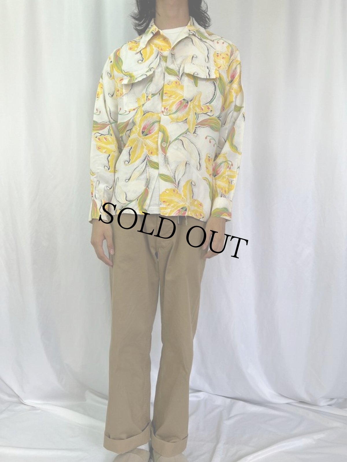 画像2: 40's Artvogue オールオーバーパターン 長袖レーヨンアロハシャツ L (2)