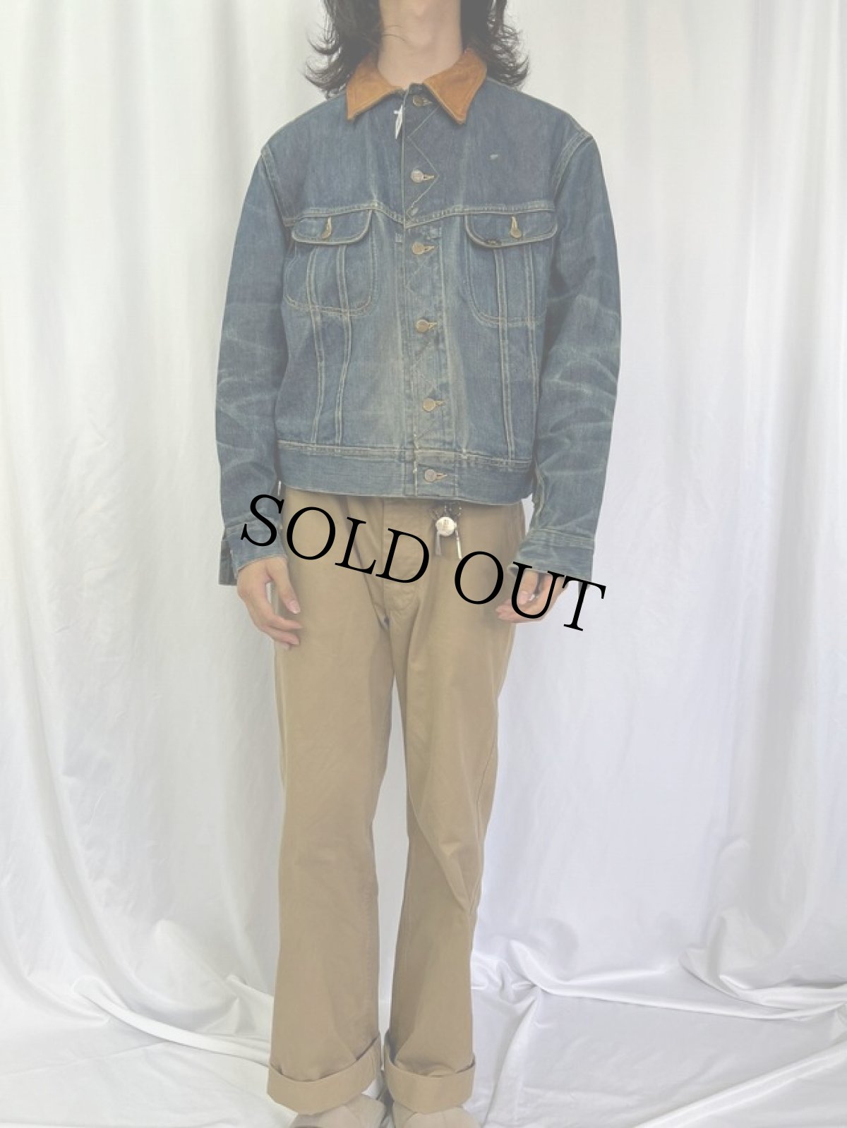 画像2: 60's Lee 黒タグ 101-J 襟レザー デニムジャケット 46REGLAR (2)