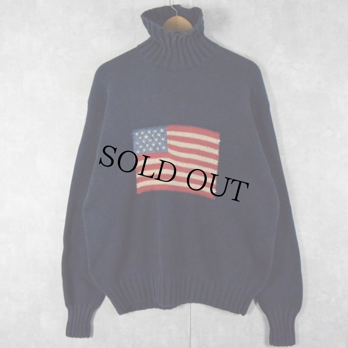 画像1: 90's POLO COUNTRY Ralph Lauren 星条旗柄 ハイネック コットンニットセーター L NAVY (1)