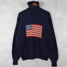 画像1: 90's POLO COUNTRY Ralph Lauren 星条旗柄 ハイネック コットンニットセーター L NAVY (1)