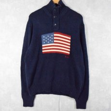 画像1: POLO Ralph Lauren 星条旗柄 ハーフジップ コットンニットセーター L NAVY (1)