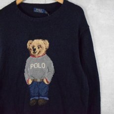 画像1: POLO Ralph Lauren ポロベア コットン×リネンニットセーター L NAVY (1)