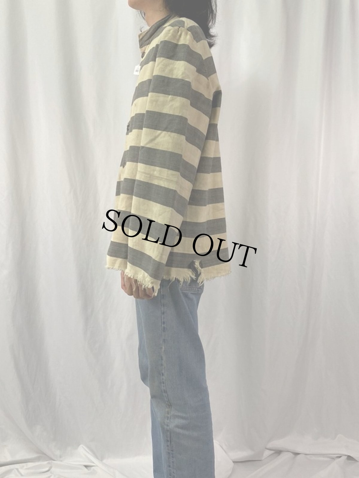 画像3: 〜40's ヘリンボーン織ボーダー柄 スタンドカラープリズナーシャツ (3)