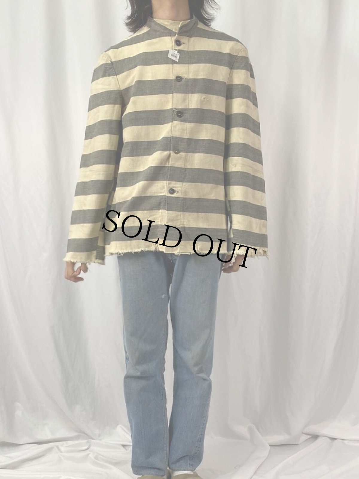 画像2: 〜40's ヘリンボーン織ボーダー柄 スタンドカラープリズナーシャツ (2)