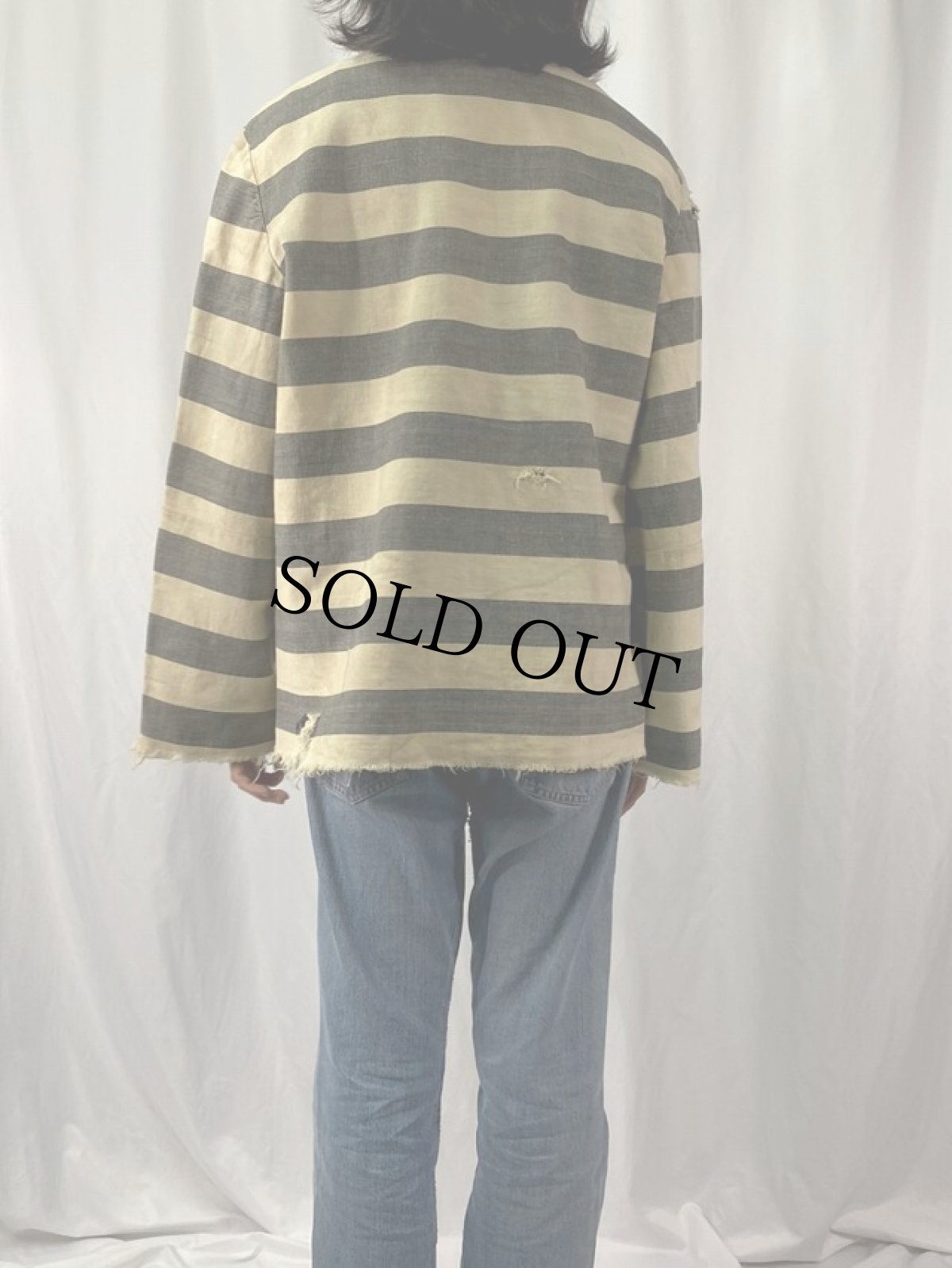 画像4: 〜40's ヘリンボーン織ボーダー柄 スタンドカラープリズナーシャツ (4)