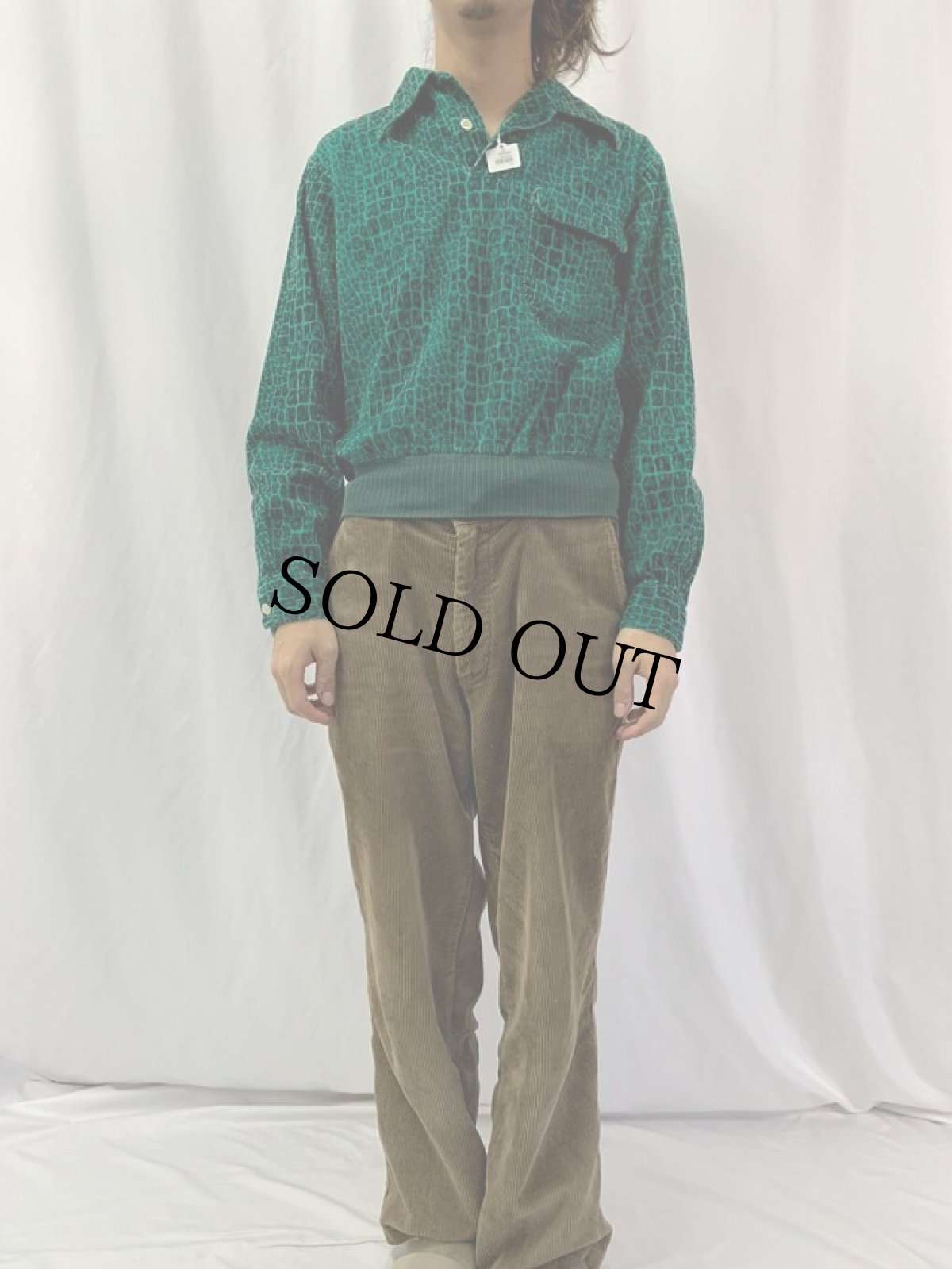 画像2: 50's Coronet パイソン柄 プリントコーデュロイ プルオーバーオープンカラーシャツ M (2)