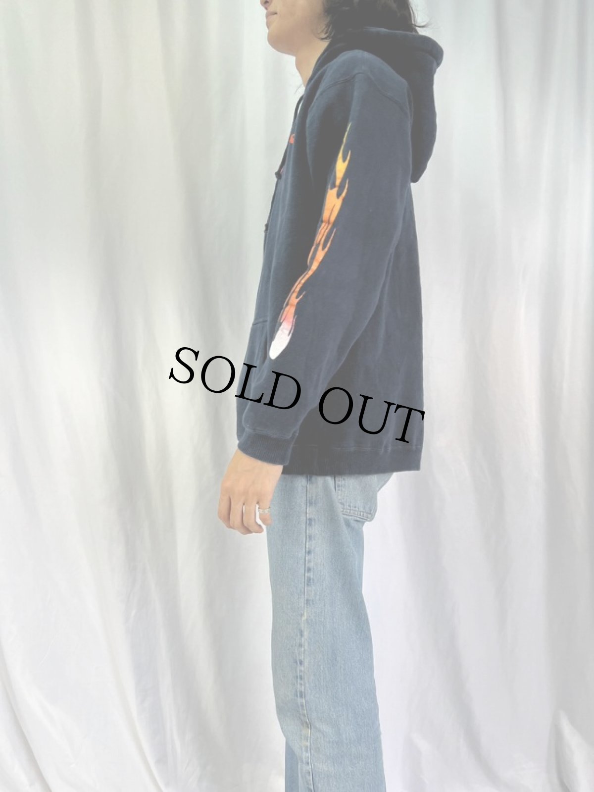 画像3: スカル×ファイヤーパターン プリントスウェットフーディー (3)