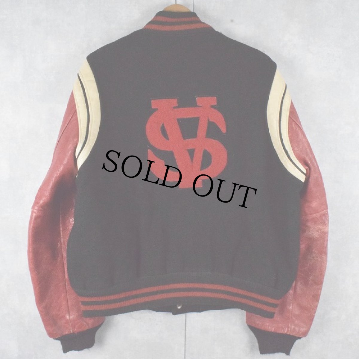 画像1: 70's SWEENEY SPORTSWEAR ワッペン付き 袖レザー メルトンスタジャン BLACK SIZE42 (1)