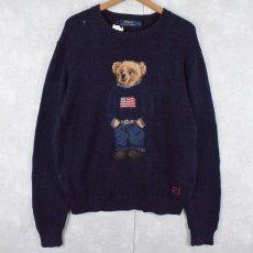 画像1: POLO Ralph Lauren ポロベア コットン×リネンニットセーター L NAVY (1)