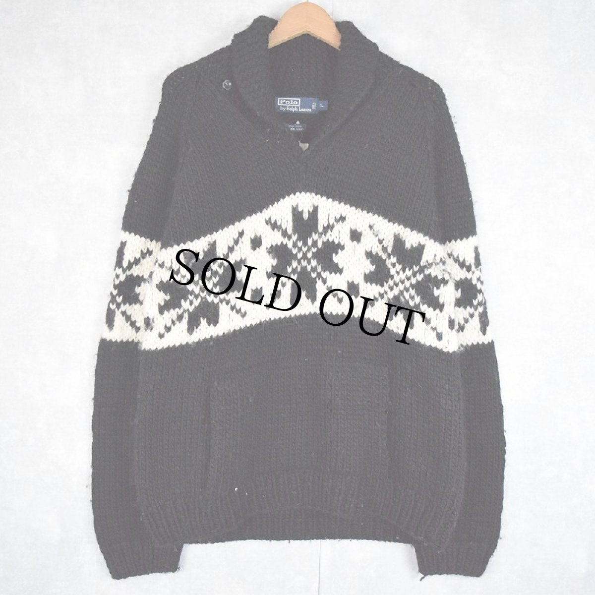 画像1: POLO Ralph Lauren "HAND KNIT" ノルディック柄 ショールカラー ウールニットセーター L (1)