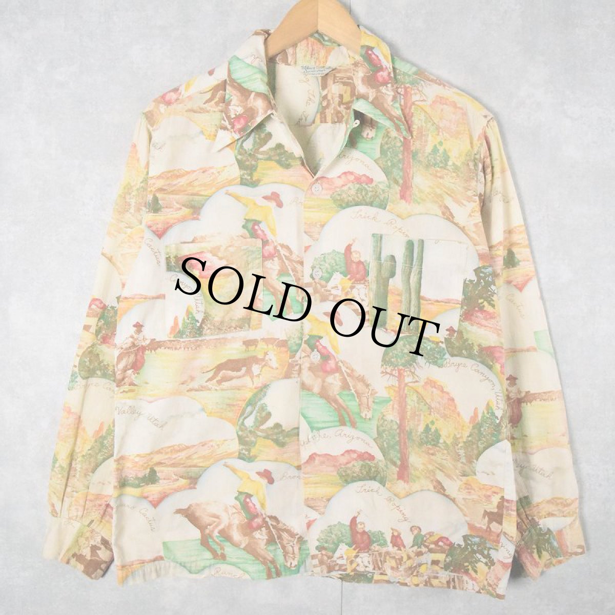 画像2: 50's TERRAS CLUB sportswear ピクチャープリント コットンハワイアンシャツ M (2)