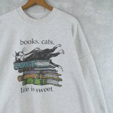 画像1: 90's Edward Gorey "books.cats." 本×ねこプリントスウェット XXL (1)