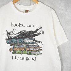 画像1: Edward Gorey "books. cats. life is good." 猫イラストTシャツ XL (1)