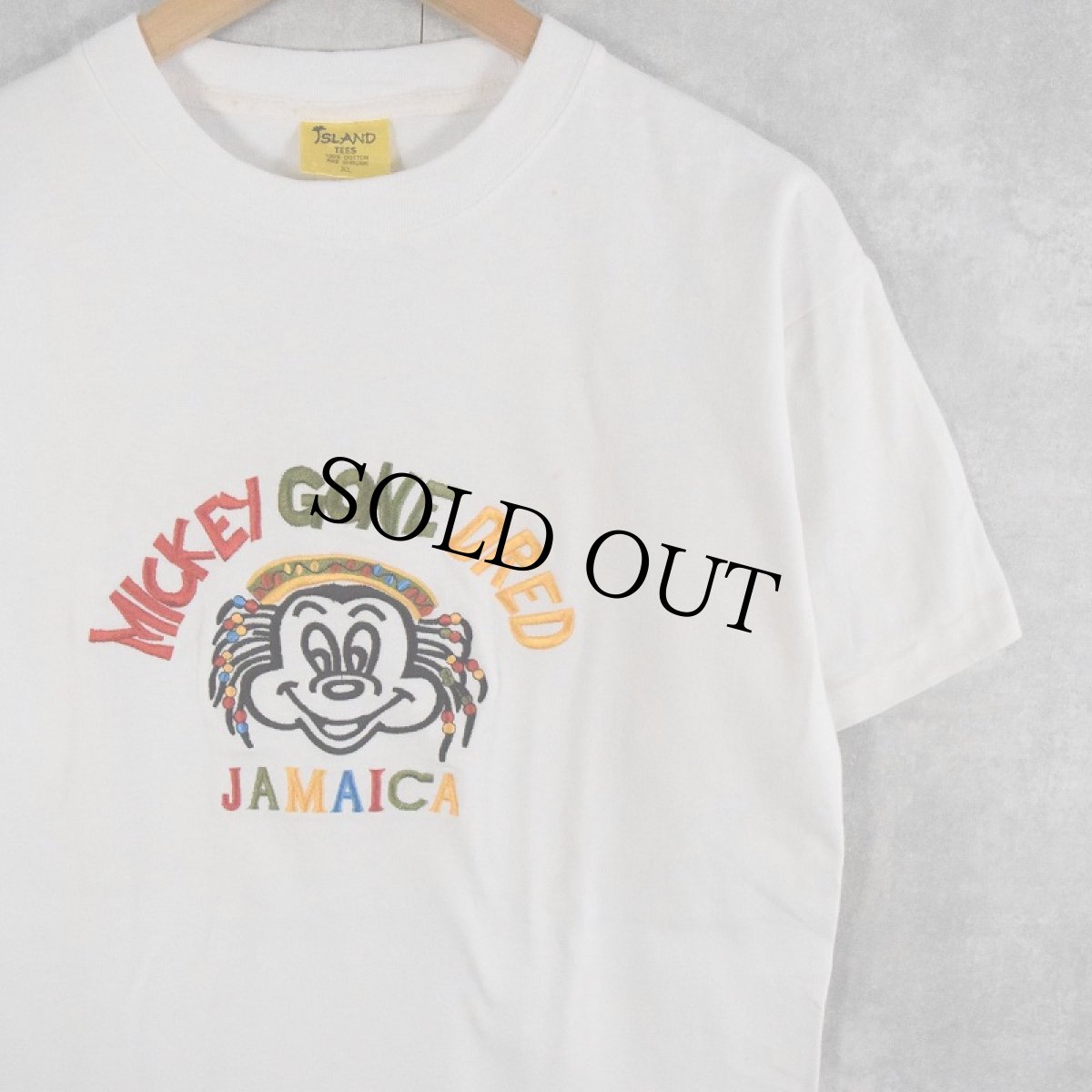 画像1: "MICKEY GONE DRED JAMAICA" キャラクターパロディー ラスタカラー刺繍Tシャツ XL (1)