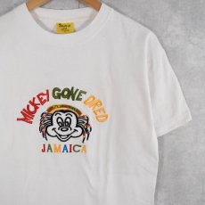画像1: "MICKEY GONE DRED JAMAICA" キャラクターパロディー ラスタカラー刺繍Tシャツ XL (1)