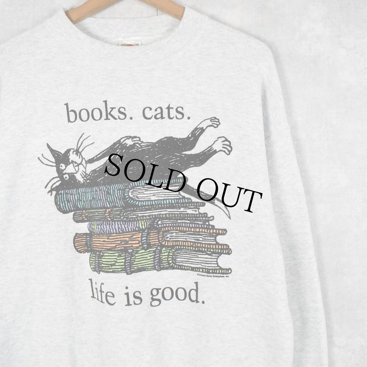 画像1: 2000's Edward Gorey "books.cats." 本×ねこプリントスウェット M (1)